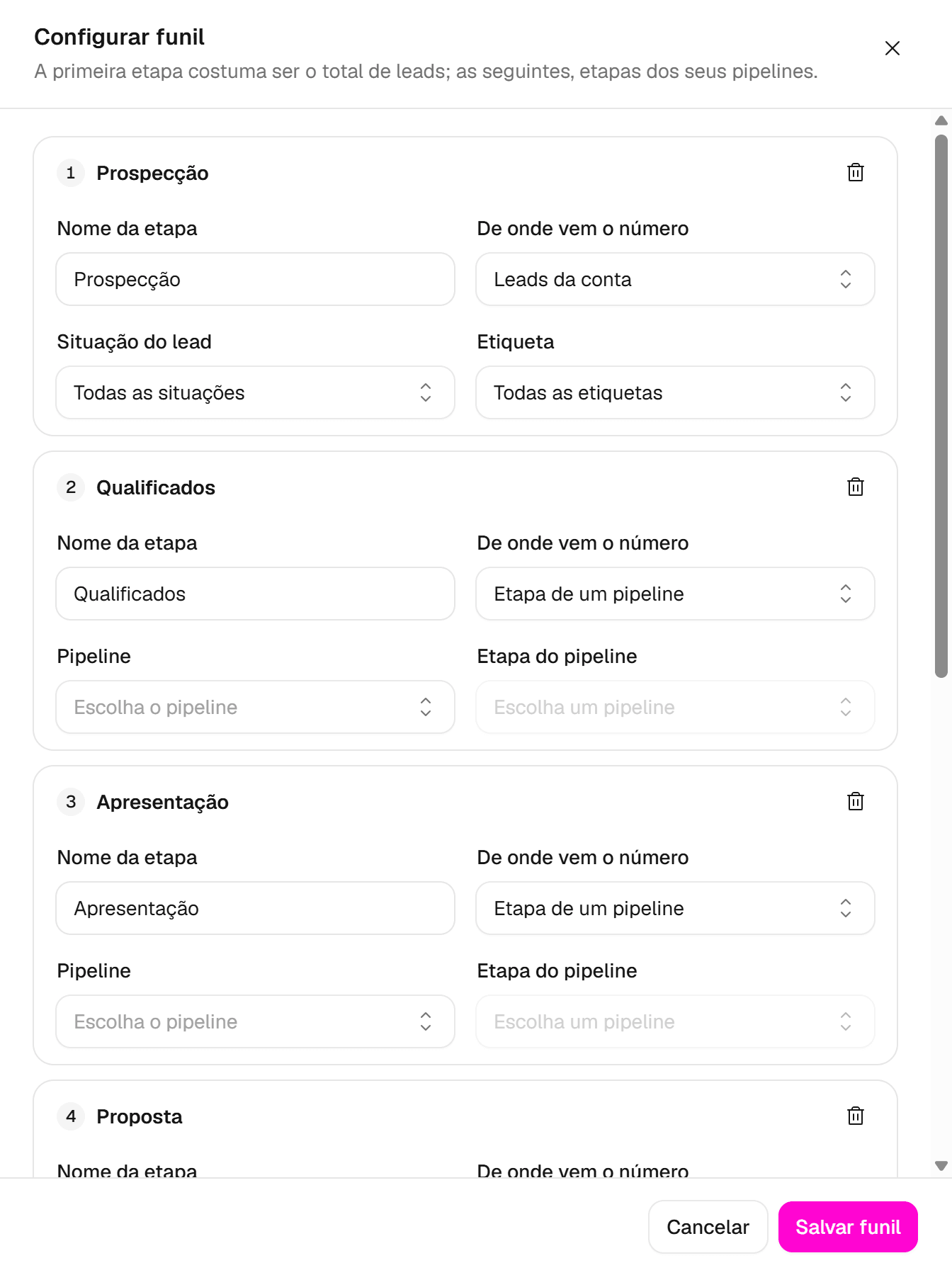 Painel de configuração do funil com a primeira etapa: de onde vem o número, situação do lead e etiqueta.