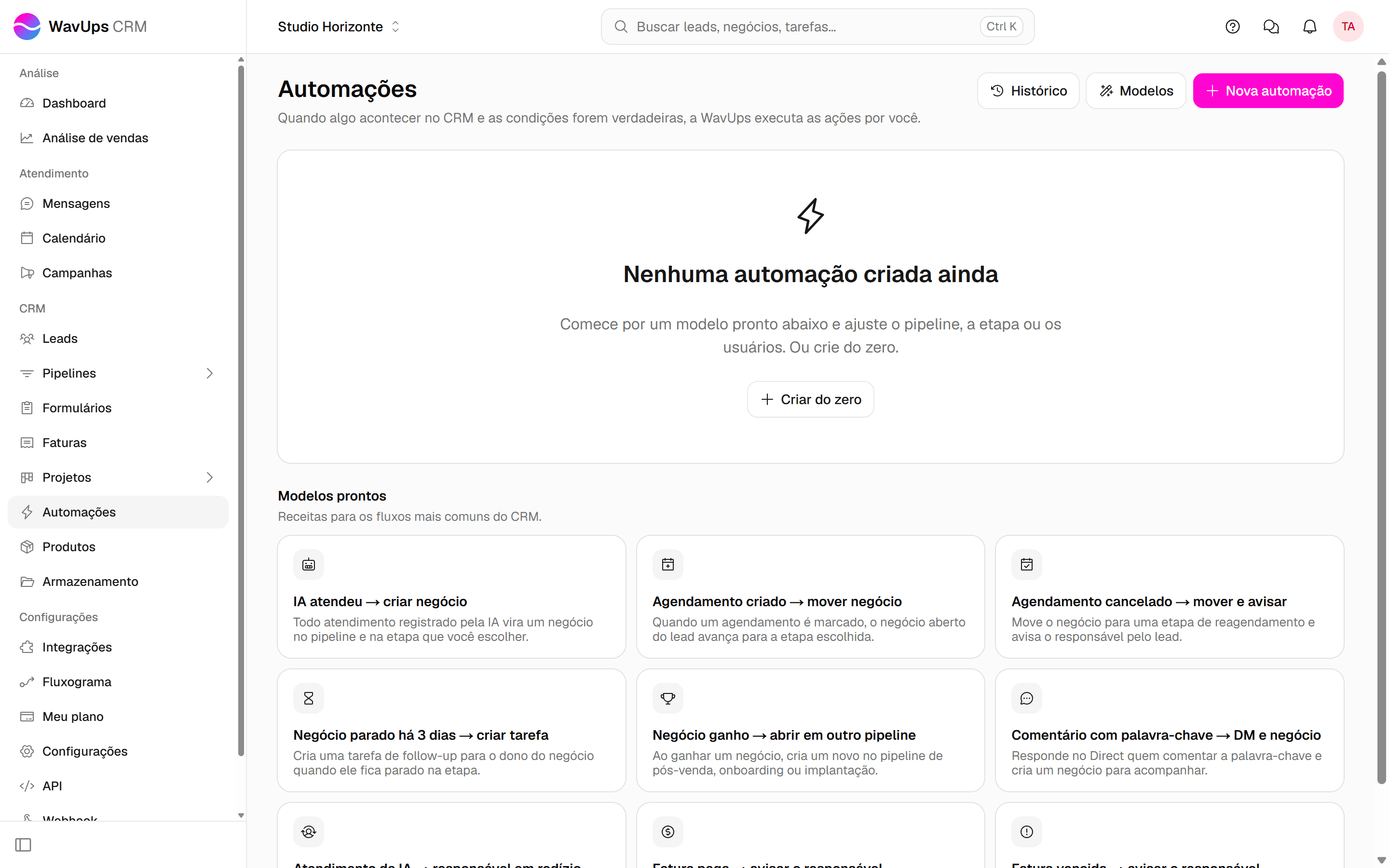 Tela Automações da WavUps CRM numa conta sem automações, com o item Automações destacado no menu lateral e os botões Histórico, Modelos e Nova automação.