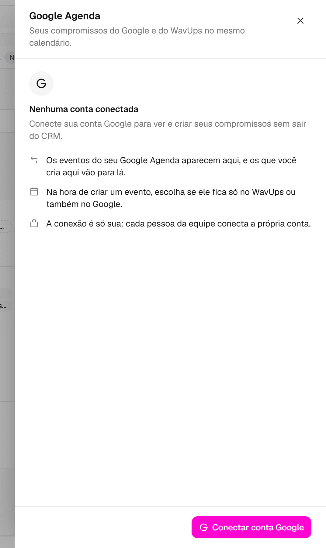 Painel Google Agenda com a conta ainda não conectada e o botão Conectar conta Google.