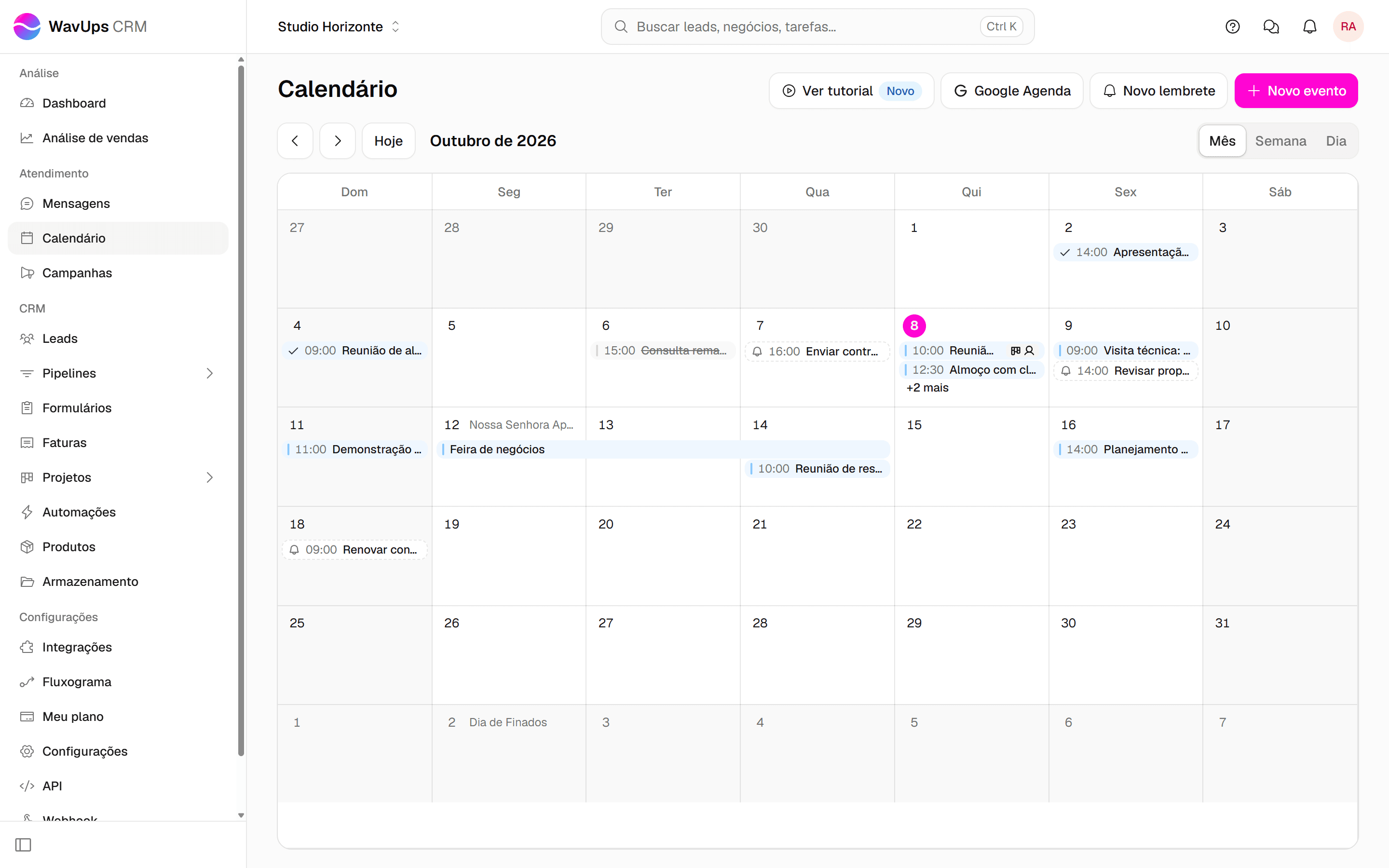 Tela do Calendário com o botão Google Agenda destacado no topo.