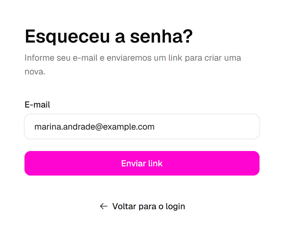 Tela "Esqueceu a senha?" com o campo E-mail preenchido e o botão Enviar link destacados.