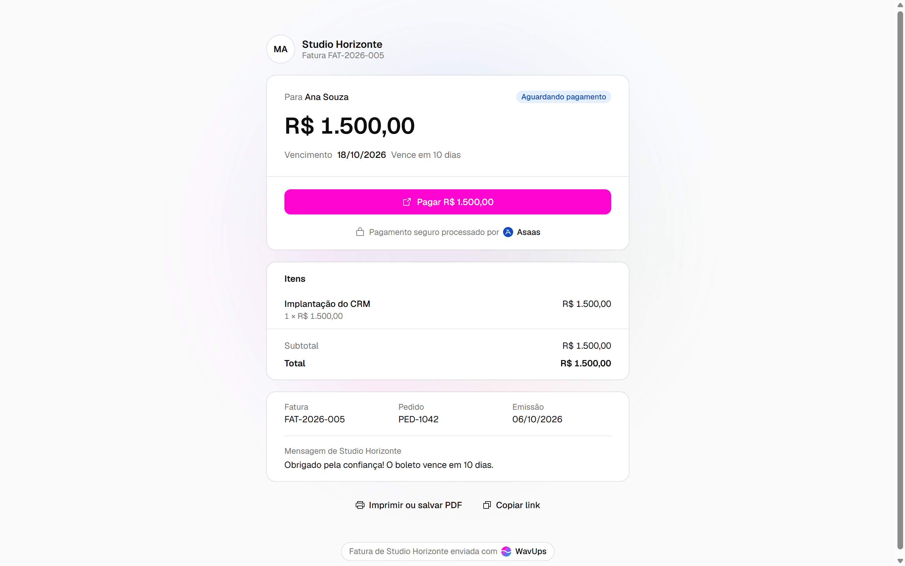 Página pública da fatura com o valor, a situação, o vencimento, os itens e os botões de pagar, copiar link e imprimir.