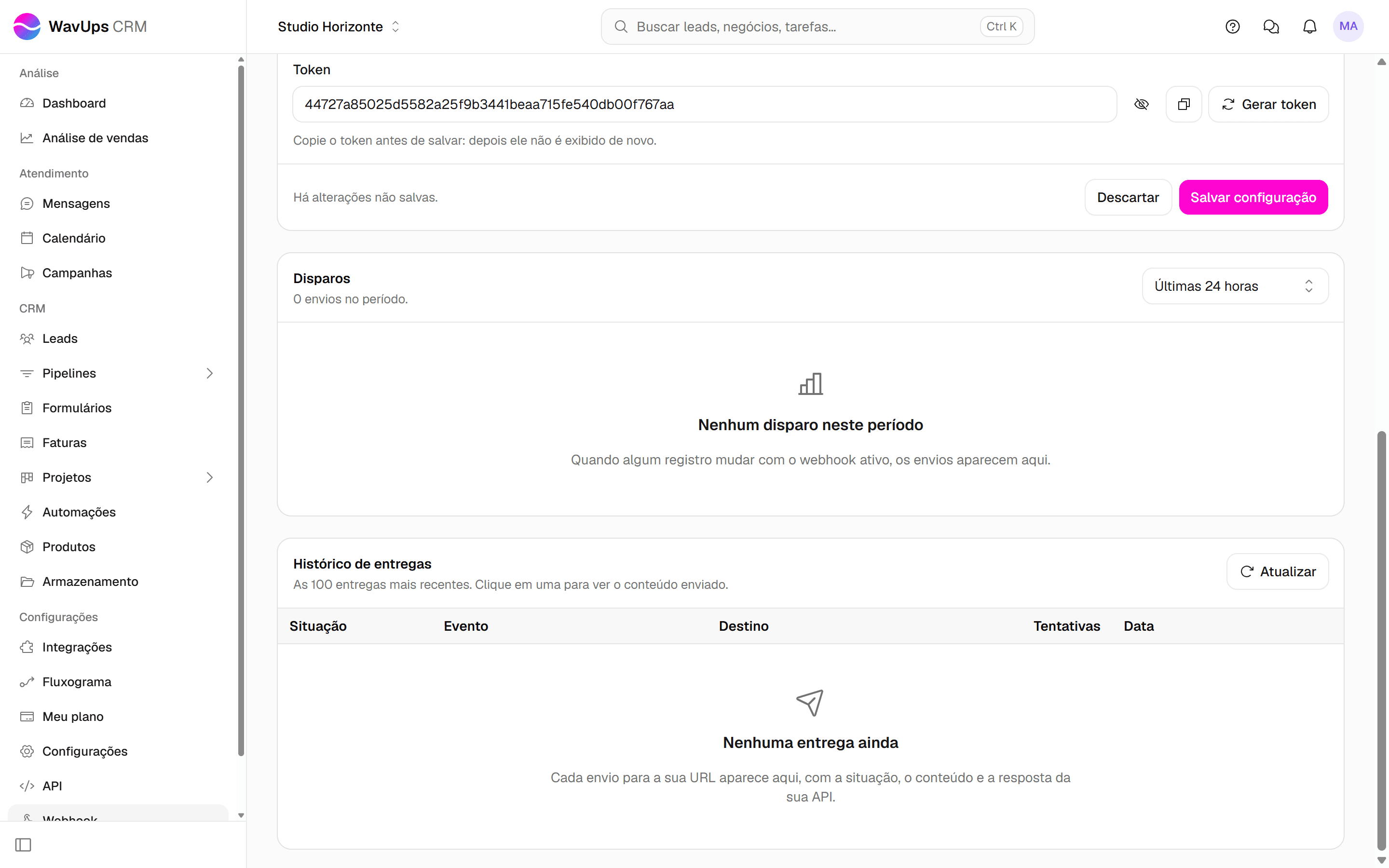 Rodapé da configuração do webhook com o botão Salvar configuração destacado.