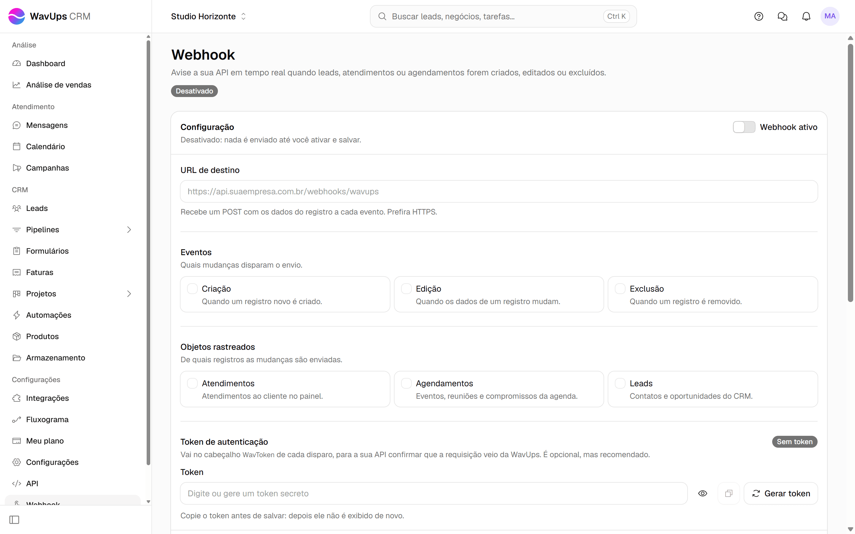 Tela Webhook com o item do menu lateral, e o selo de situação.