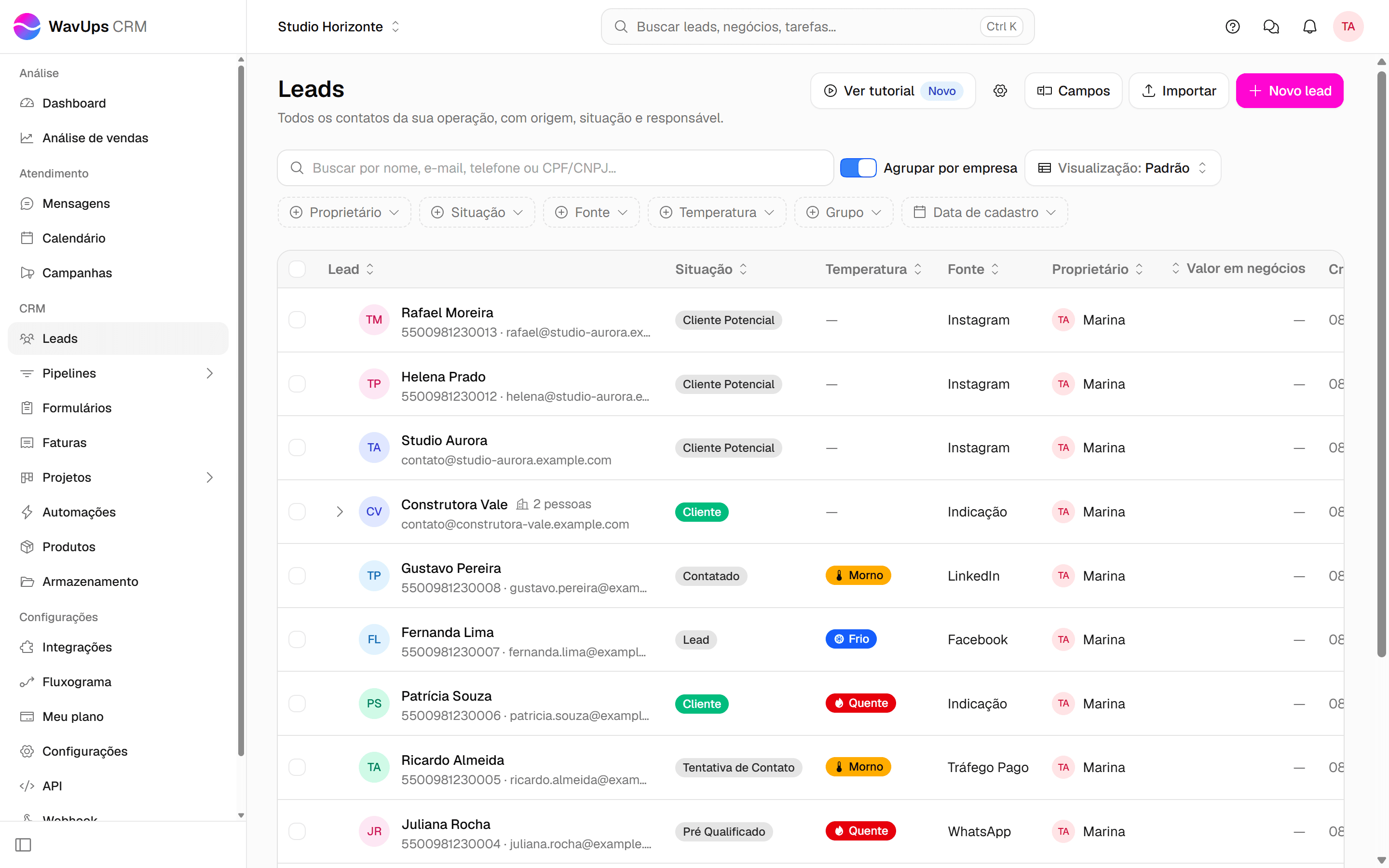 Tela Leads com a lista de leads e o botão Novo lead, no canto superior direito, destacado.