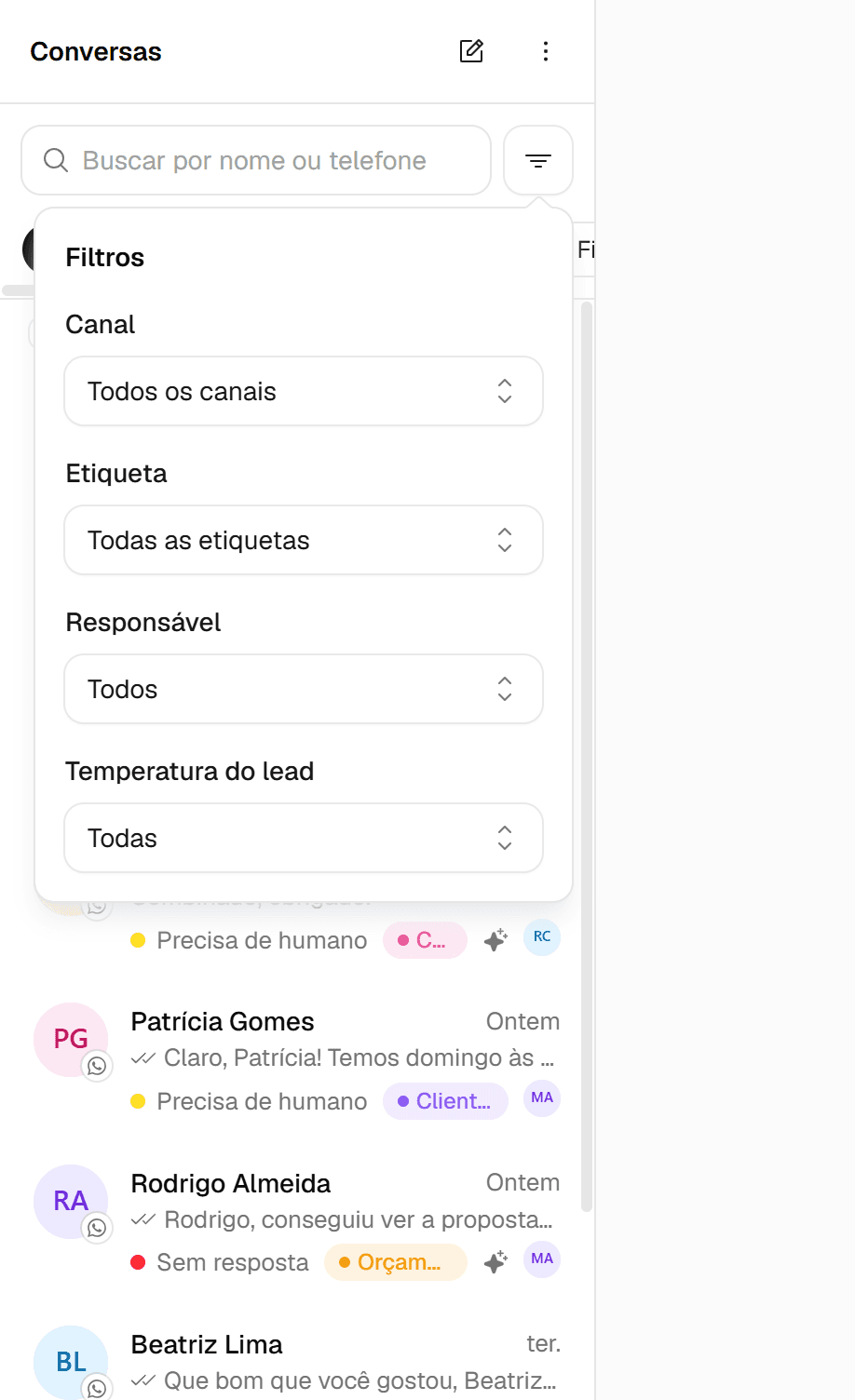 Painel de filtros aberto com os campos Canal, Etiqueta, Responsável e Temperatura do lead.