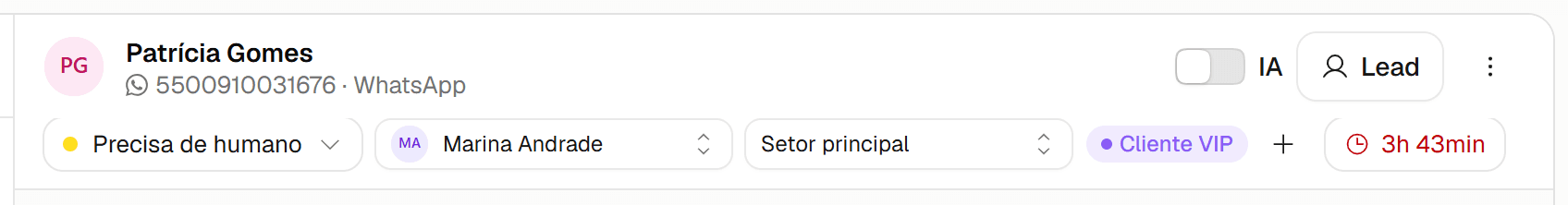 Cabeçalho de uma conversa do WhatsApp com o indicador da janela de 24 horas mostrando o tempo restante.
