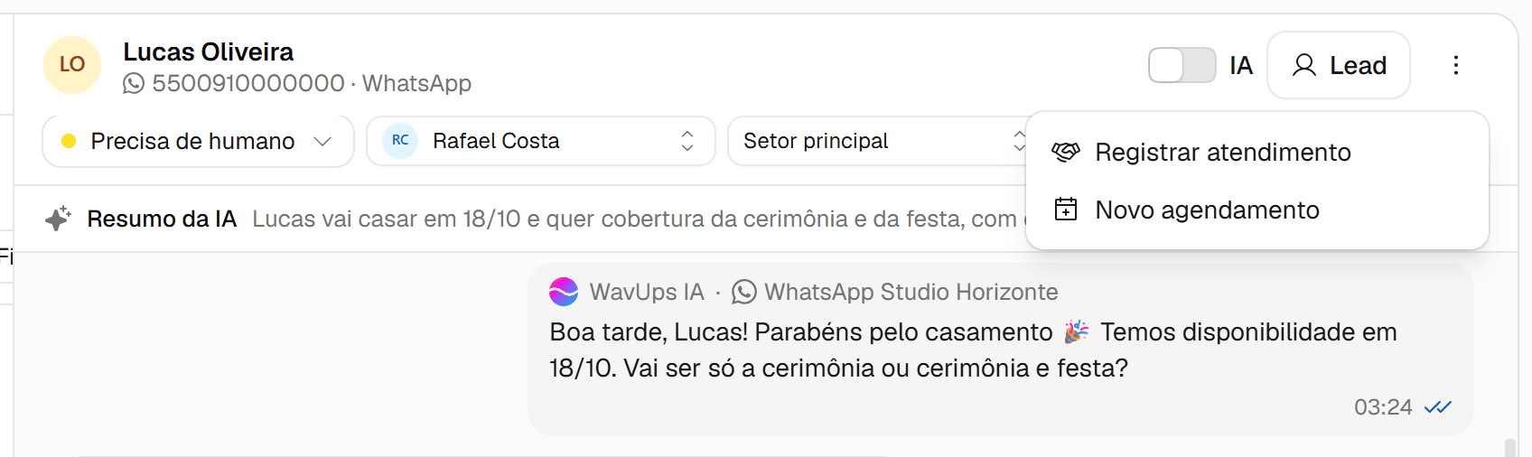 Menu Mais ações da conversa aberto com Registrar atendimento e Novo agendamento.