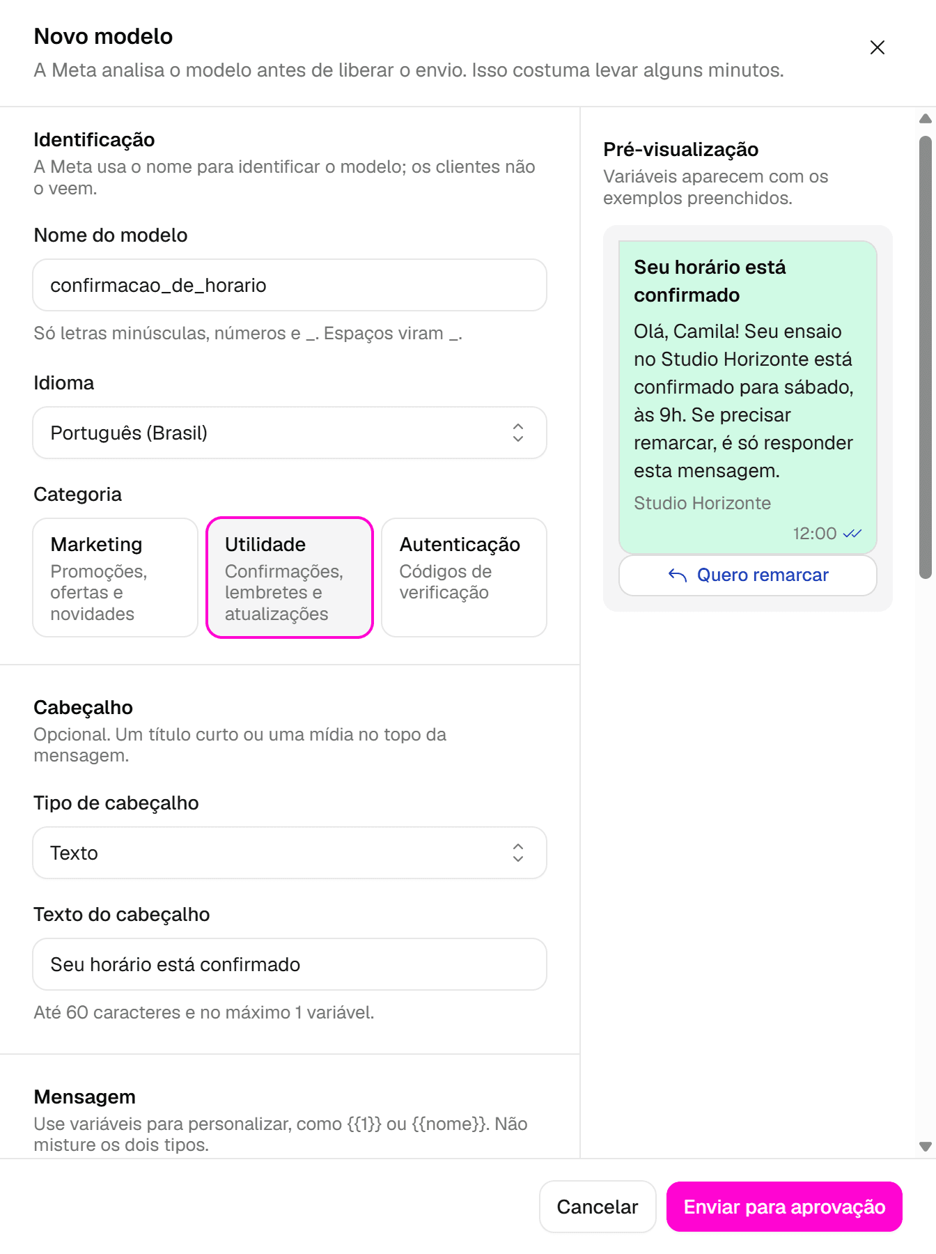 Painel Novo modelo com os campos Nome do modelo, Idioma, Categoria (Marketing, Utilidade, Autenticação) e Tipo de cabeçalho, e a pré-visualização à direita.
