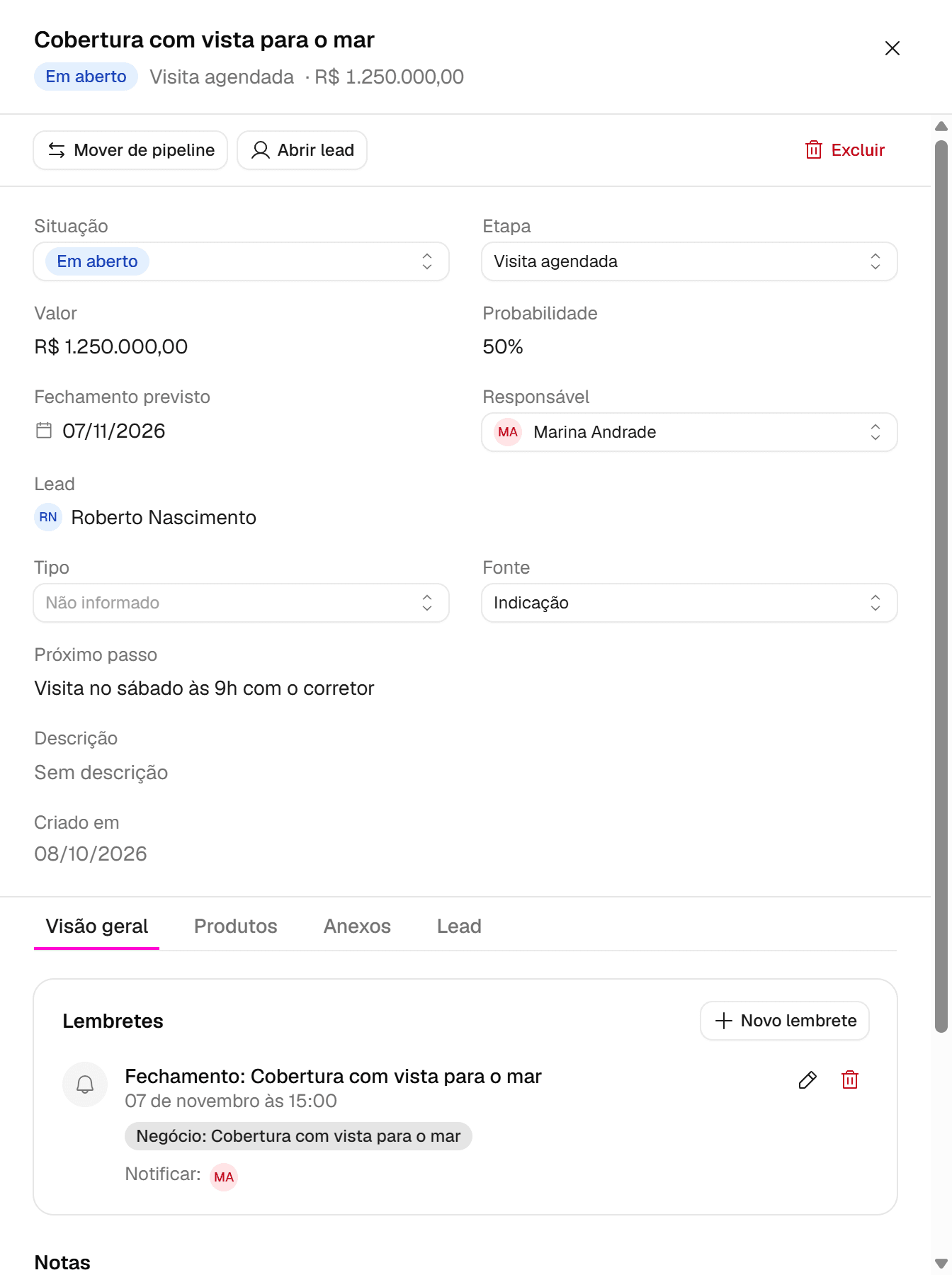 Detalhes do negócio Cobertura com vista para o mar, na etapa Visita agendada, com valor, probabilidade, fechamento previsto e próximo passo.