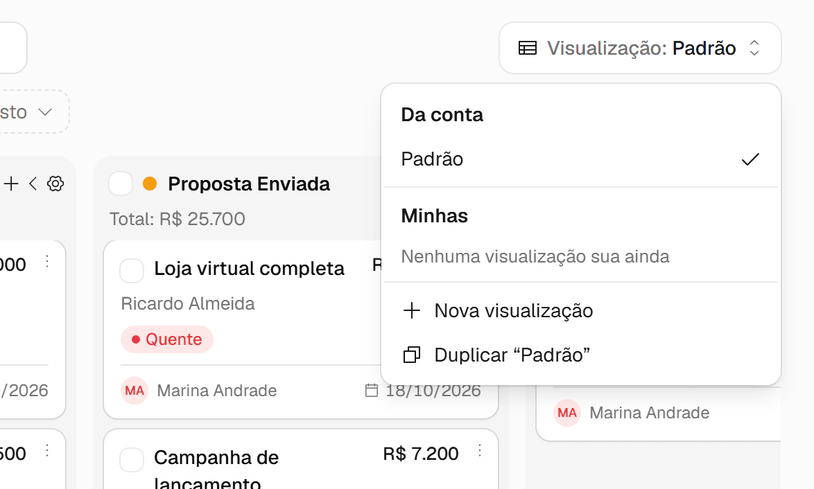 Menu de visualizações aberto com as seções Da conta e Minhas e a opção Nova visualização.