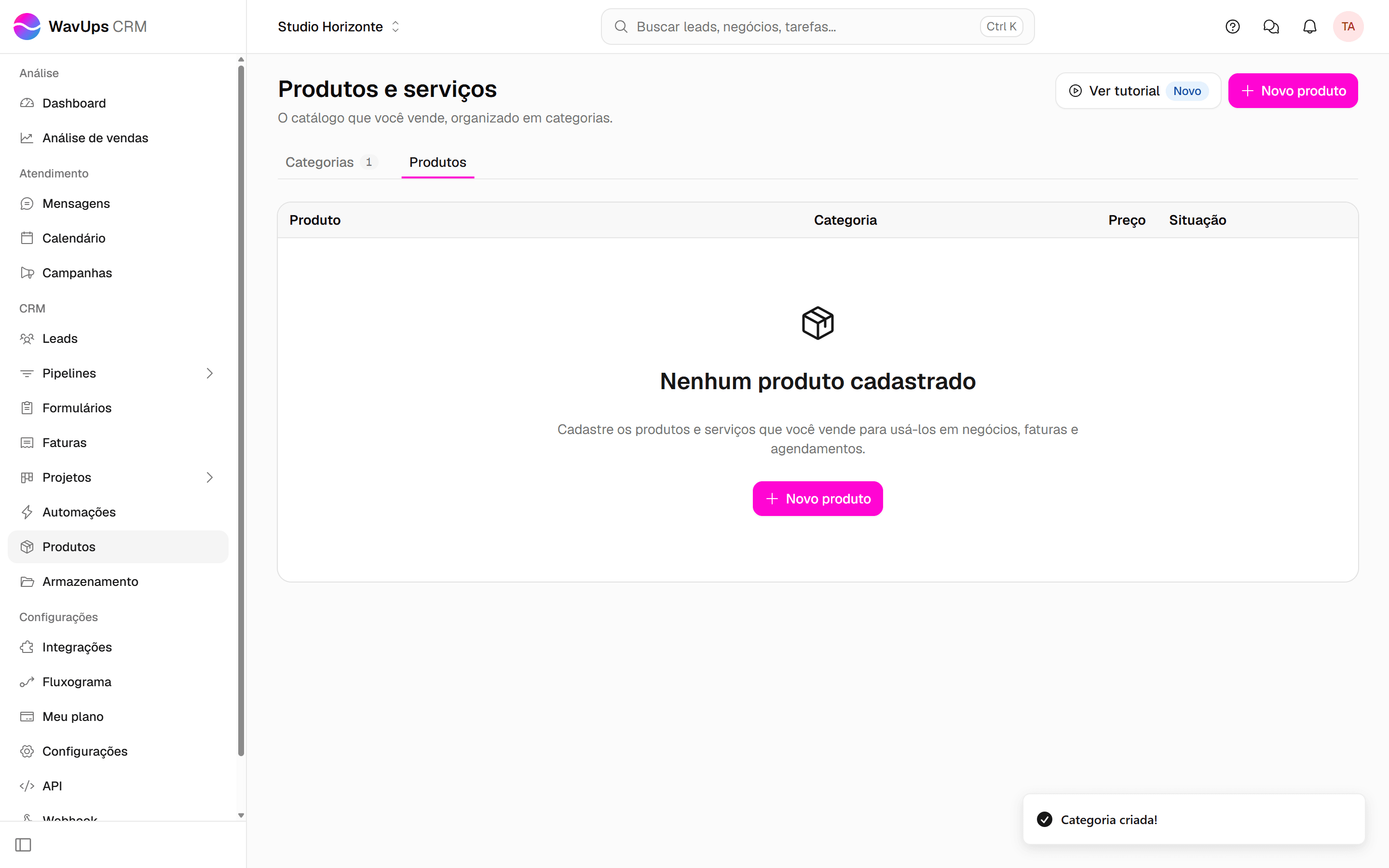 Aba Produtos da tela Produtos e serviços, ainda sem produtos, com a aba Produtos e o botão Novo produto destacados.