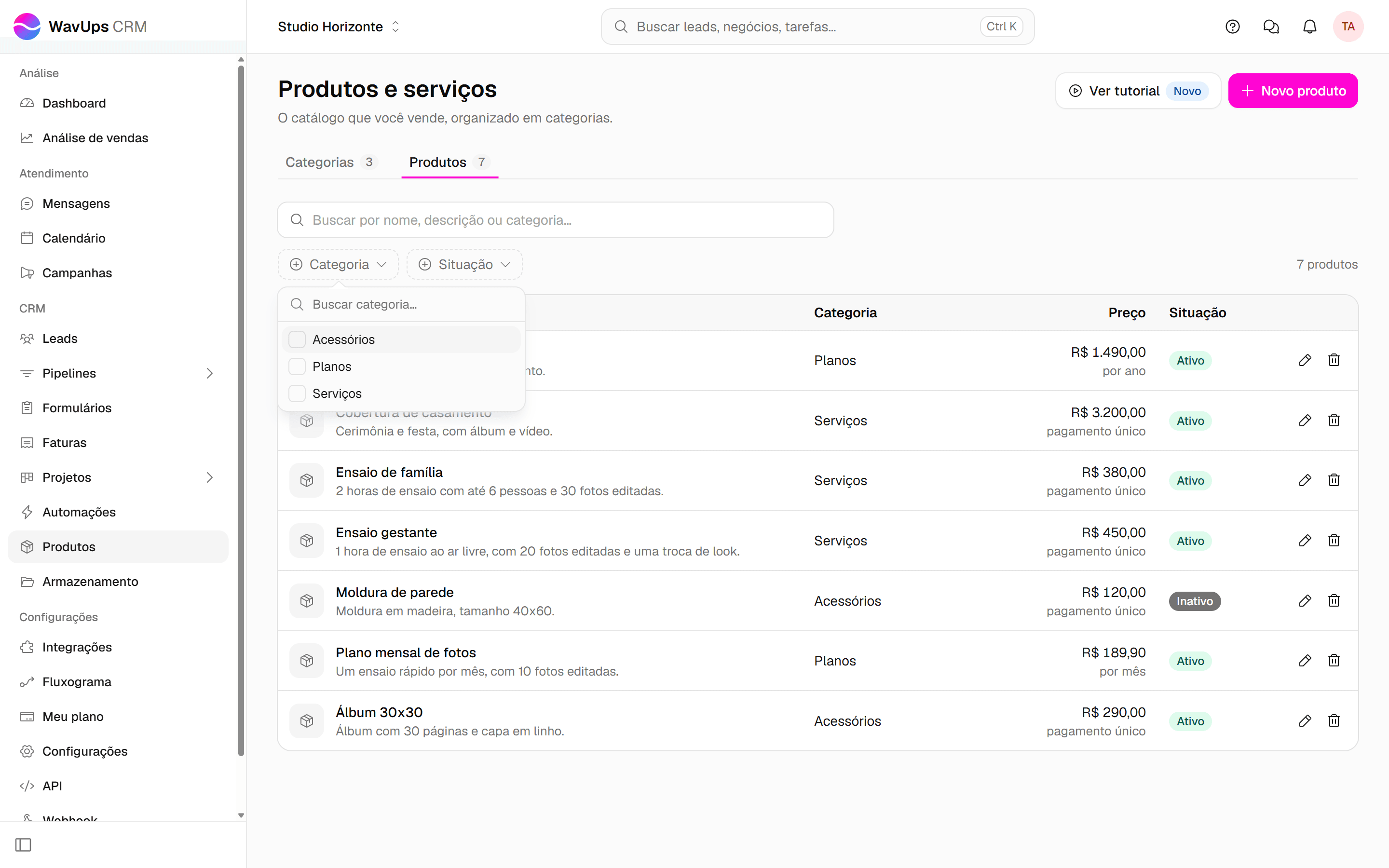 Lista de produtos com a busca e os filtros Categoria e Situação.