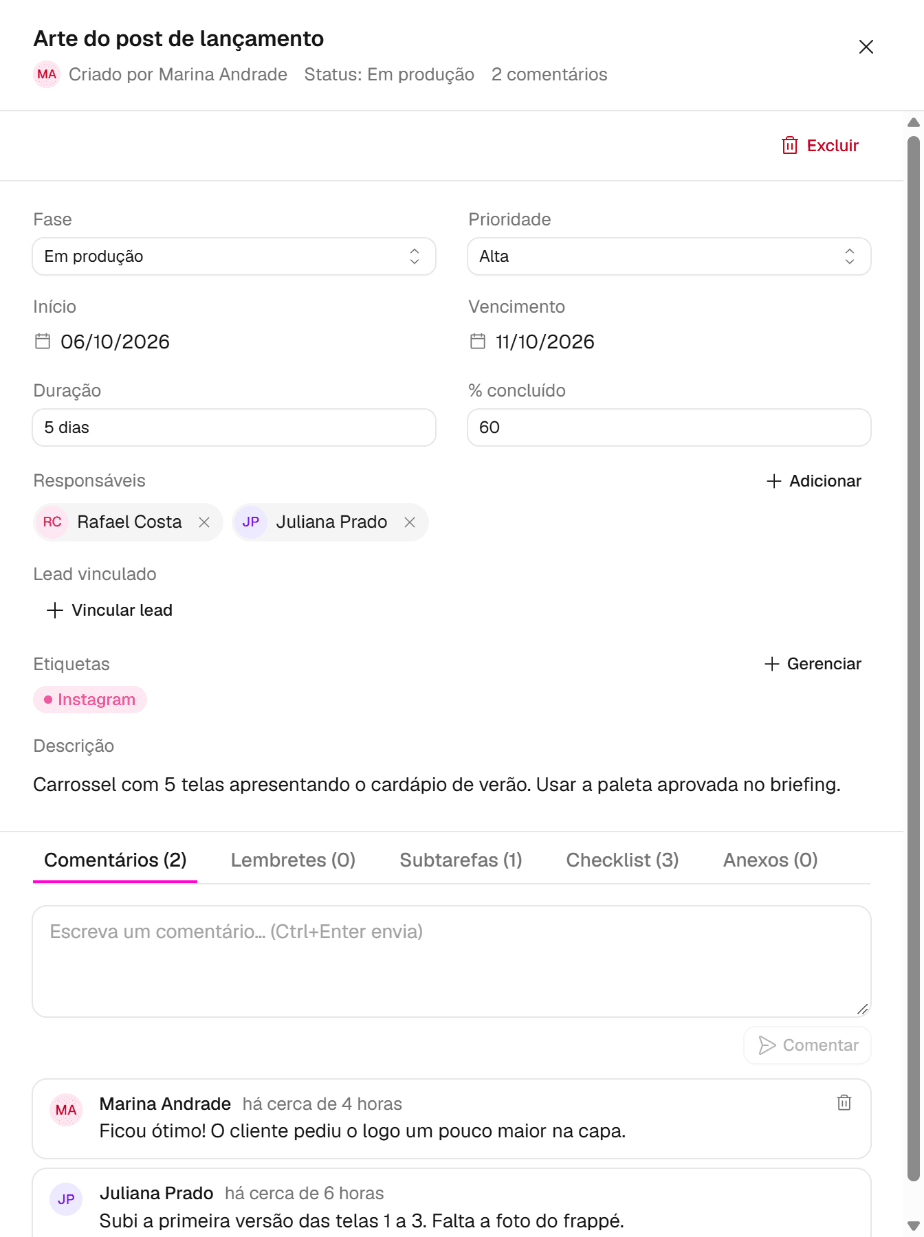 Painel de detalhes da tarefa Arte do post de lançamento com fase, prioridade, início, vencimento, duração, % concluído, responsáveis, lead vinculado, etiquetas e descrição.