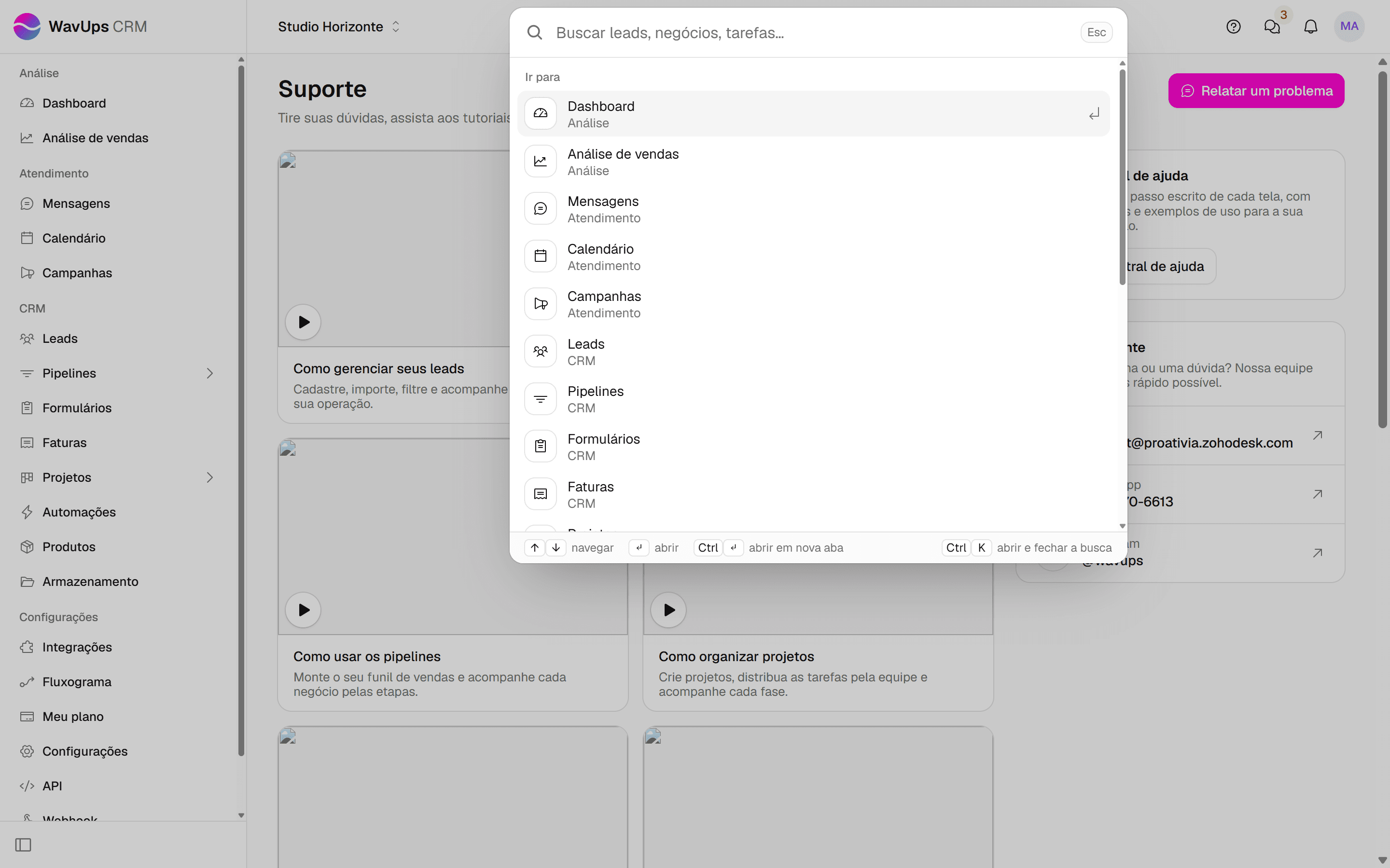 Busca global aberta com o campo de busca e a lista Ir para com os menus da plataforma.